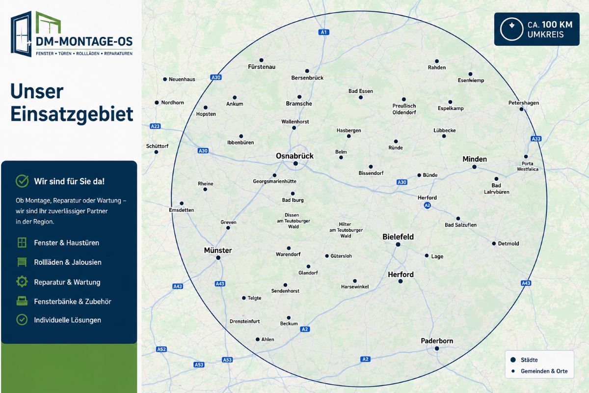 Unser Einsatzort ist in Osnabrück, Bielefeld, Melle und 100 km im Umkreis. Fensterbauer & Rollladenbau mit Reparatur, Reparaturservice von Fenster, Haustür, Jalousie, Vorbaujalousie