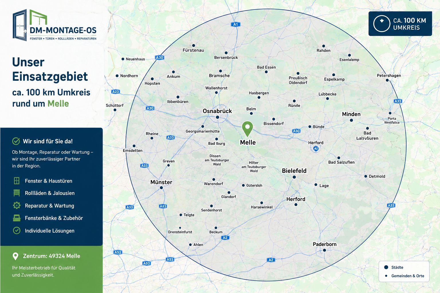 Einsatzorte Melle Osnabrueck Bielefeld und 100 km im Umkreis in der Naehe sowie Regional
